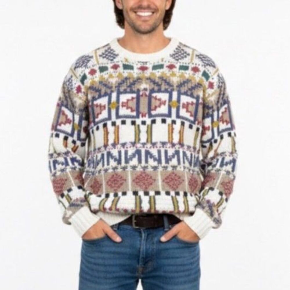 VTG 80-90s Boston Traders White Multicolor Aztec Knit Crewneck LS Sweater Sz L